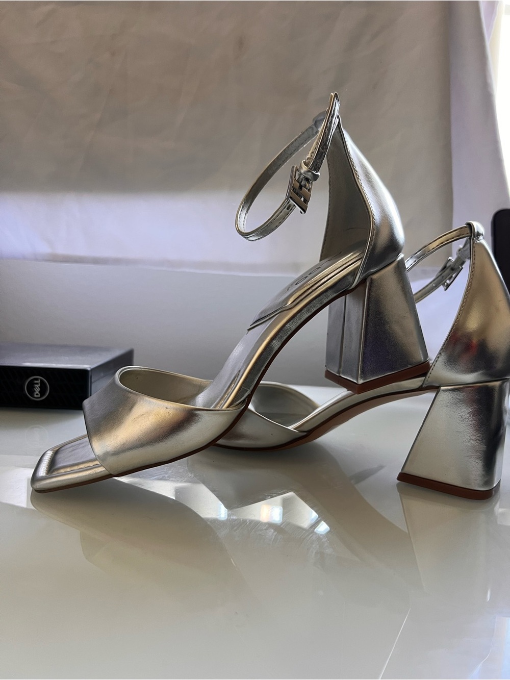 ALDO Silver Metallic Ankle-Strap Block Heel Sandals